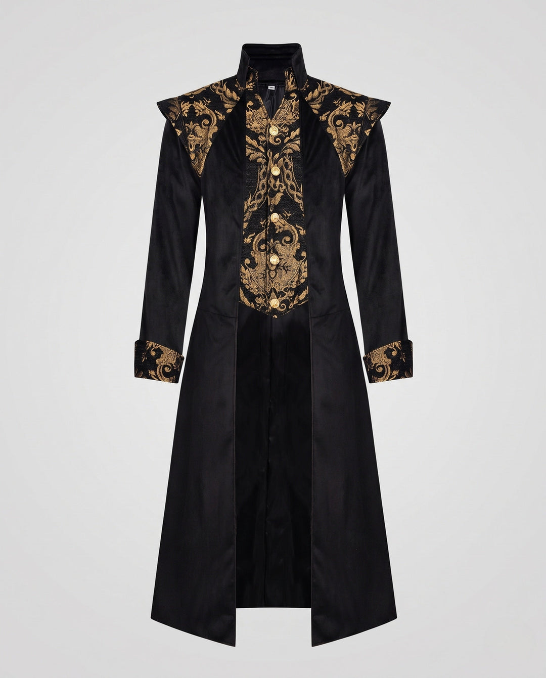 Ladies Elegant Long Coat with Artistic Decorations and Stand-Up Collar