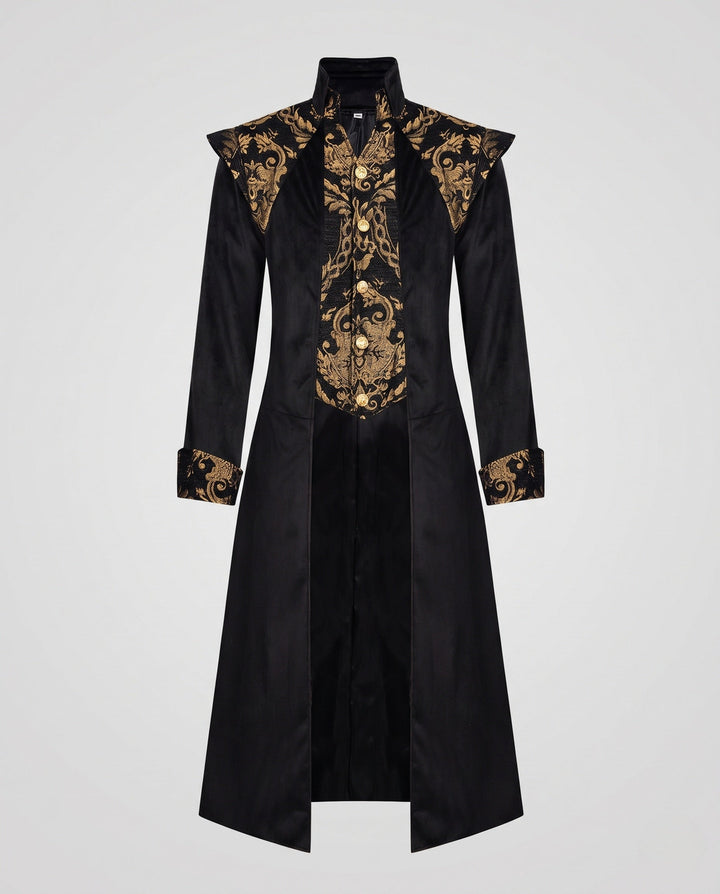 Ladies Elegant Long Coat with Artistic Decorations and Stand-Up Collar