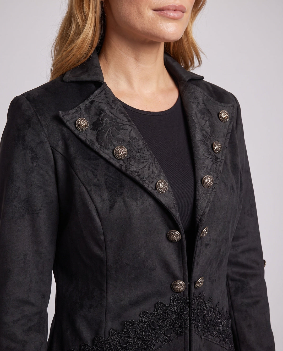 Women’s Velvet Jacket with Asymmetric Hem and Lace Trim