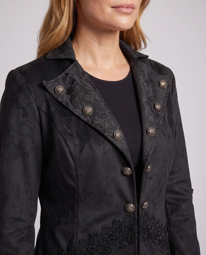 Women’s Velvet Jacket with Asymmetric Hem and Lace Trim