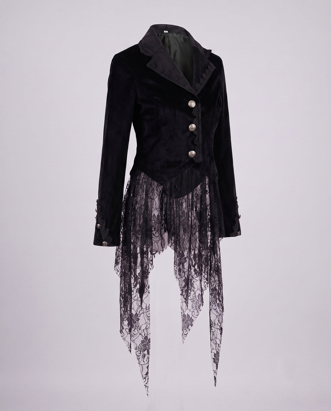 Women’s Velvet Jacket with Asymmetric Hem and Lace Trim