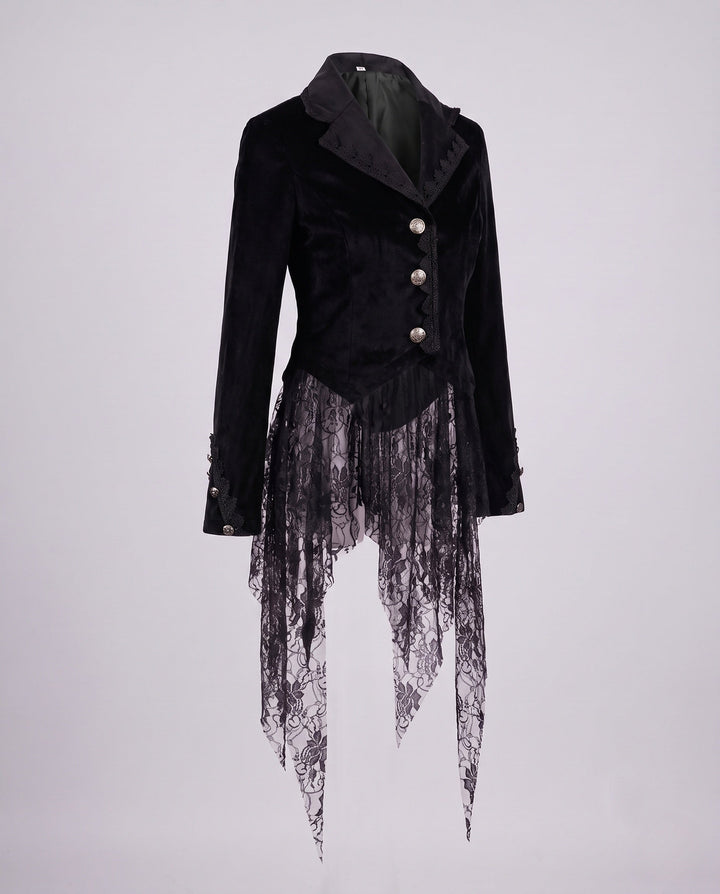 Women’s Velvet Jacket with Asymmetric Hem and Lace Trim