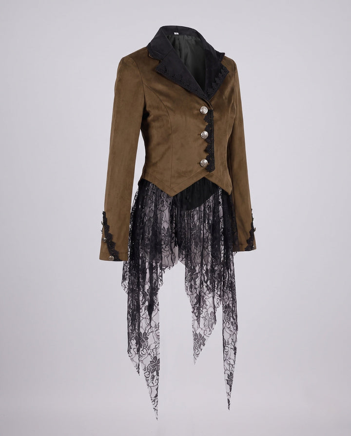 Women’s Velvet Jacket with Asymmetric Hem and Lace Trim