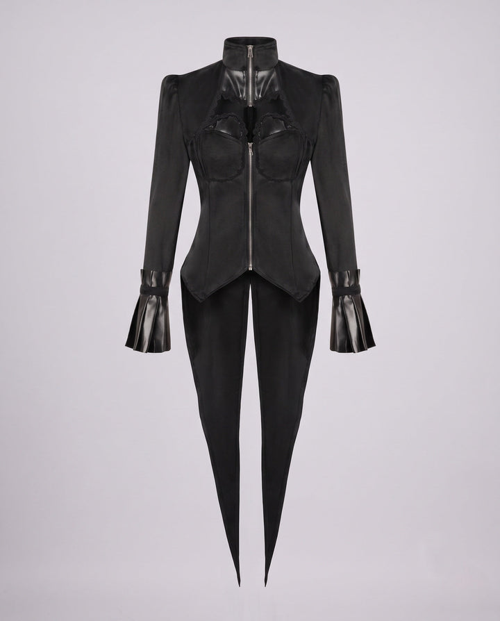 Women’s Velvet Jacket with Asymmetric Hem and Lace Trim