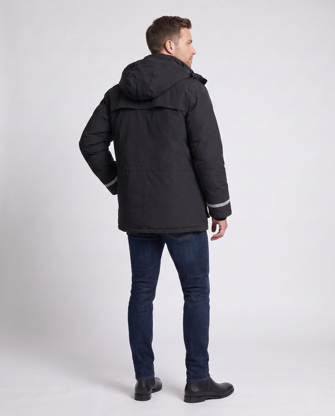 Unisex winter parka with reflective inserts and removable hood
