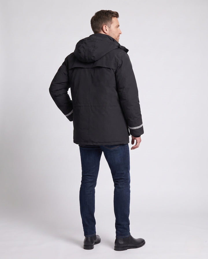 Unisex winter parka with reflective inserts and removable hood