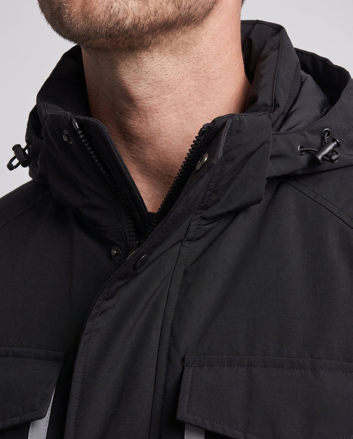 Unisex winter parka with reflective inserts and removable hood