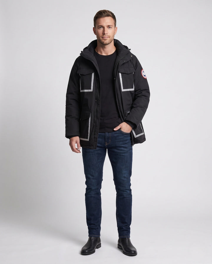 Unisex winter parka with reflective inserts and removable hood