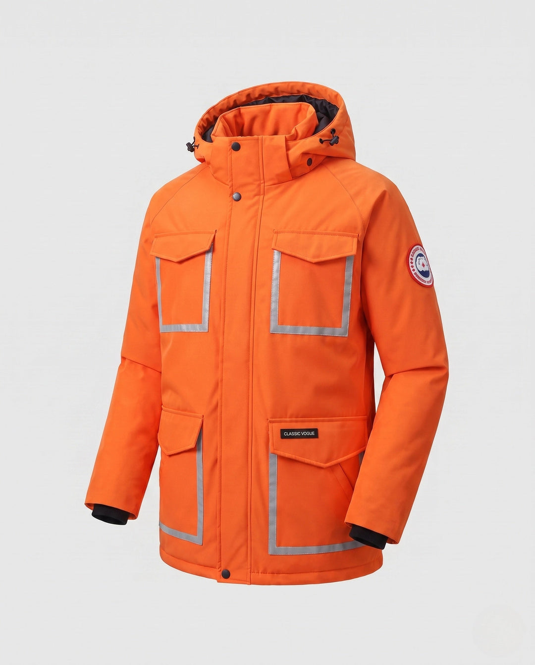 Unisex winter parka with reflective inserts and removable hood