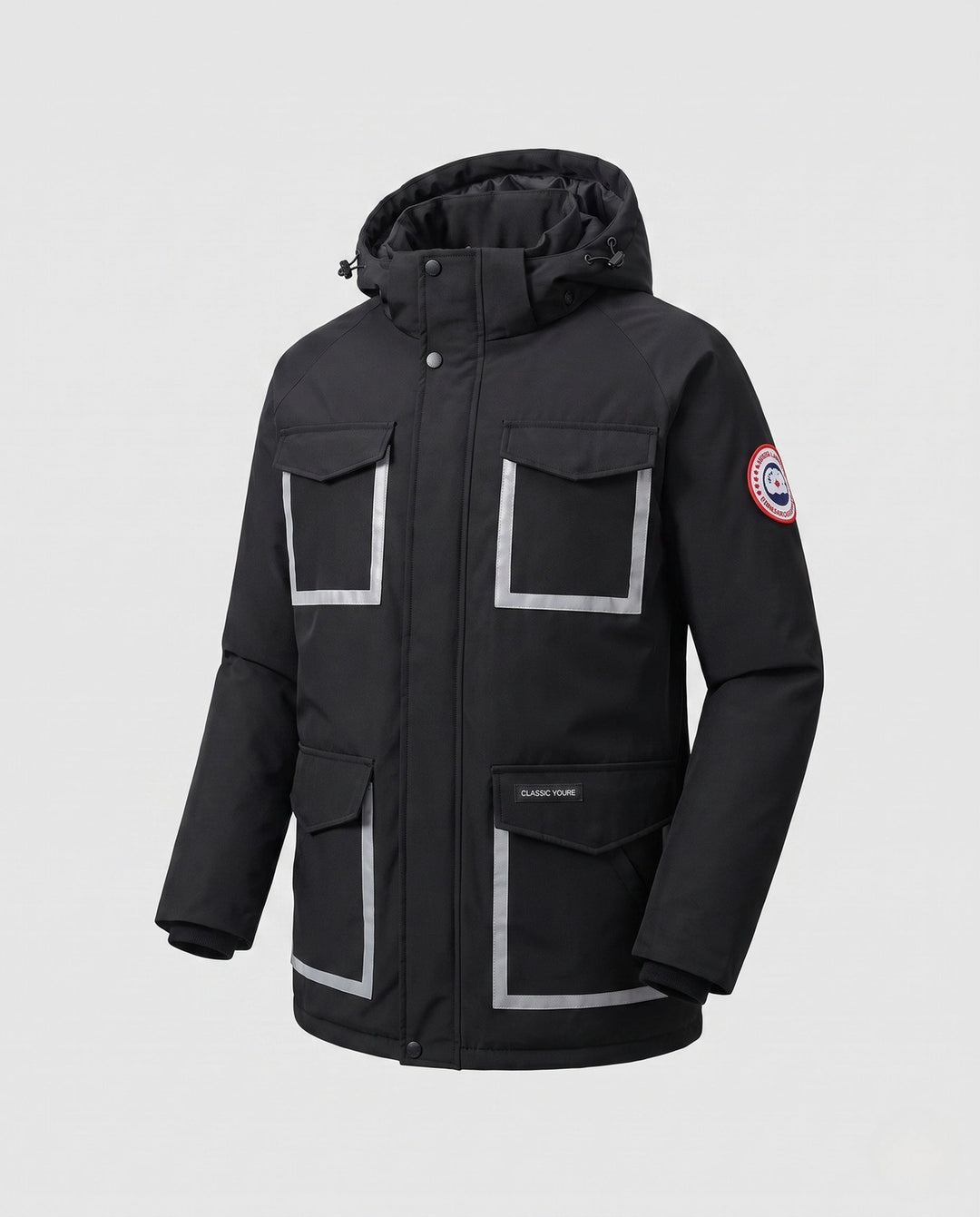 Unisex winter parka with reflective inserts and removable hood