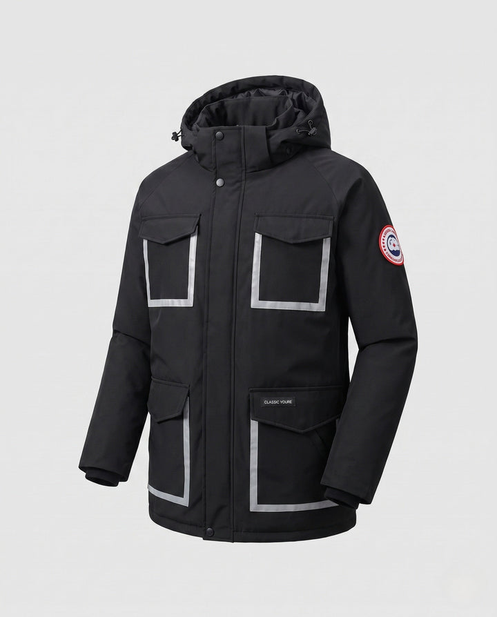 Unisex winter parka with reflective inserts and removable hood