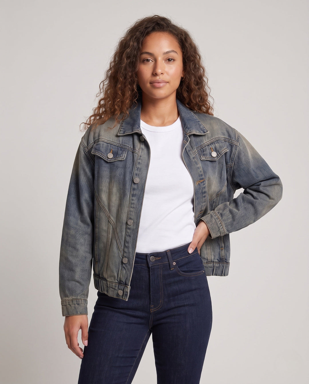 Ladies oversized jeans jacket with elastic hem, balloon sleeves &amp; shaped -seamed details
