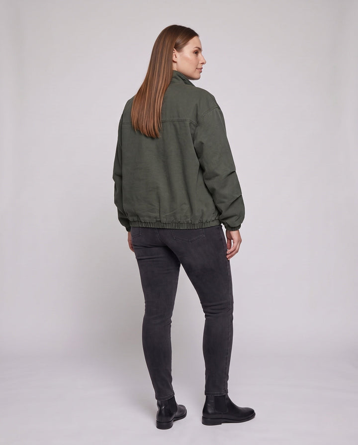 Unisex Oversized Utility Field Jacket with Stand Collar, Concealed Snap Placket &amp; Elastic Hem