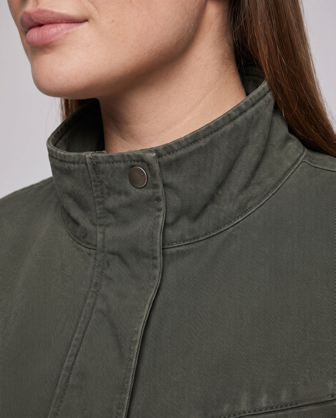 Unisex Oversized Utility Field Jacket with Stand Collar, Concealed Snap Placket &amp; Elastic Hem