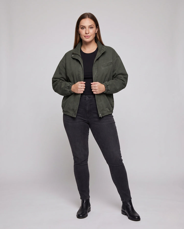 Unisex Oversized Utility Field Jacket with Stand Collar, Concealed Snap Placket &amp; Elastic Hem