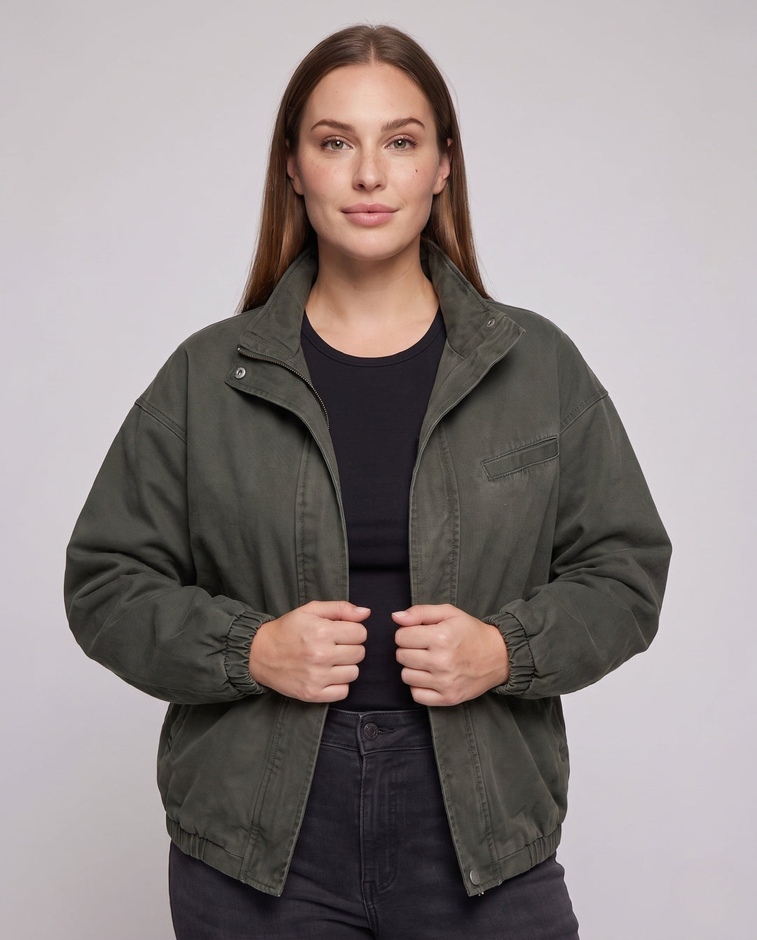 Unisex Oversized Utility Field Jacket with Stand Collar, Concealed Snap Placket &amp; Elastic Hem
