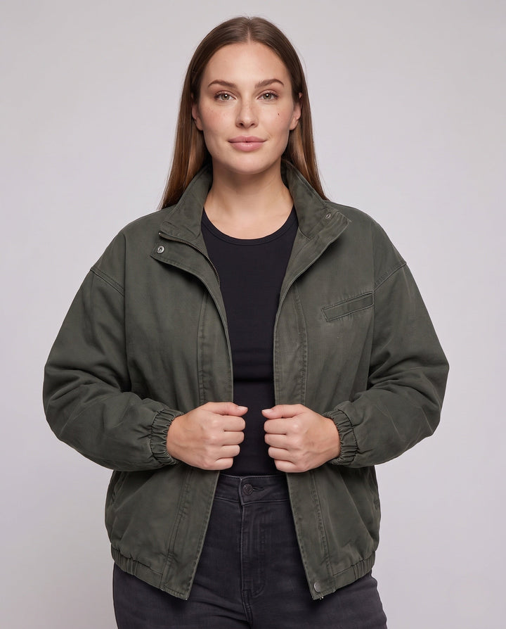 Unisex Oversized Utility Field Jacket with Stand Collar, Concealed Snap Placket &amp; Elastic Hem