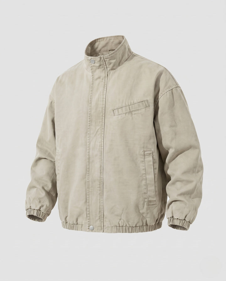 Unisex Oversized Utility Field Jacket with Stand Collar, Concealed Snap Placket &amp; Elastic Hem