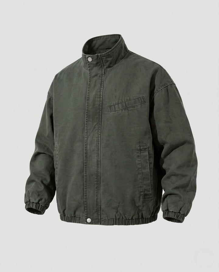 Unisex Oversized Utility Field Jacket with Stand Collar, Concealed Snap Placket &amp; Elastic Hem
