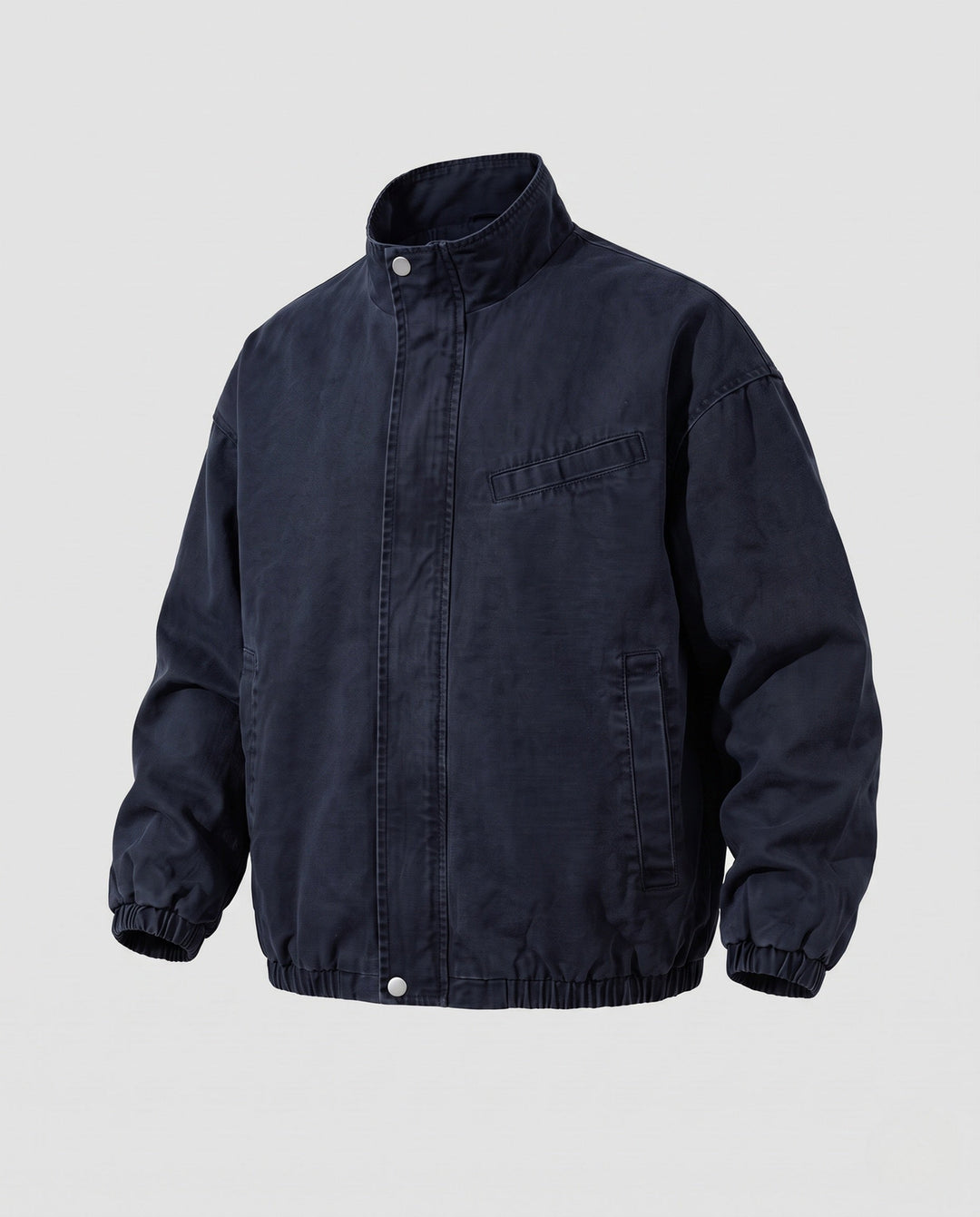 Unisex Oversized Utility Field Jacket with Stand Collar, Concealed Snap Placket &amp; Elastic Hem