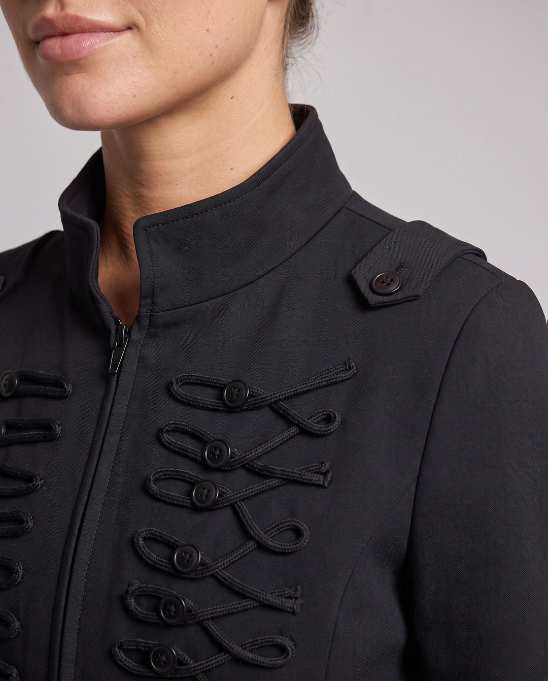 Women Cropped Military Jacket in Hussar Style with Decorative Cords