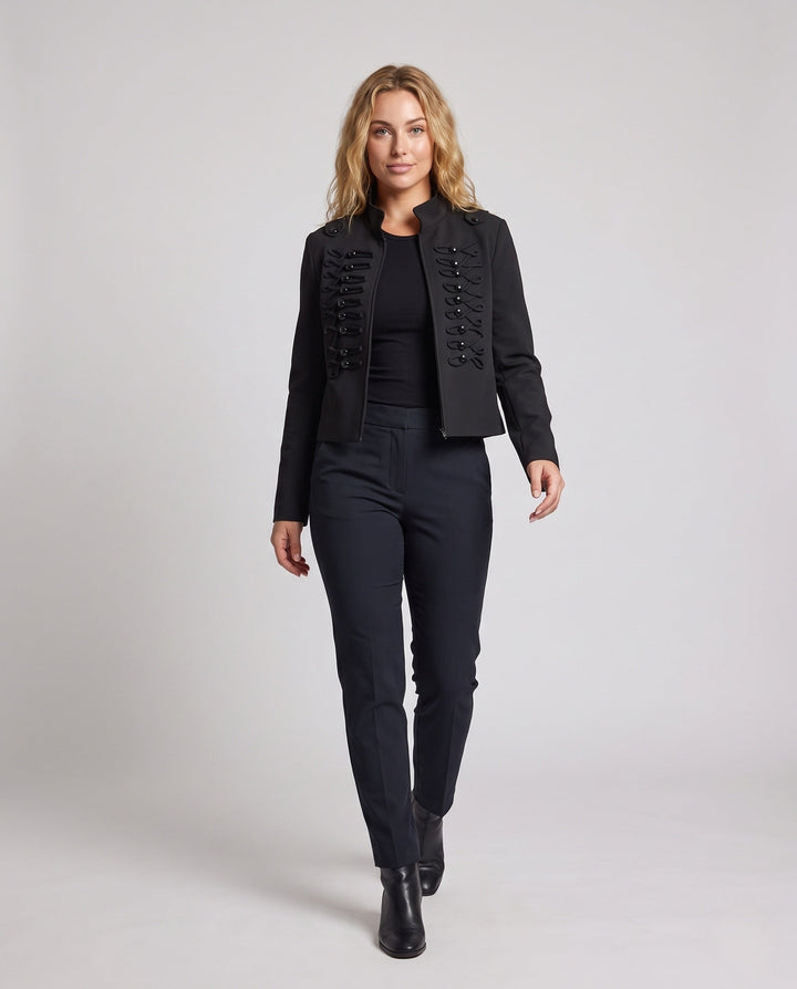 Women Cropped Military Jacket in Hussar Style with Decorative Cords