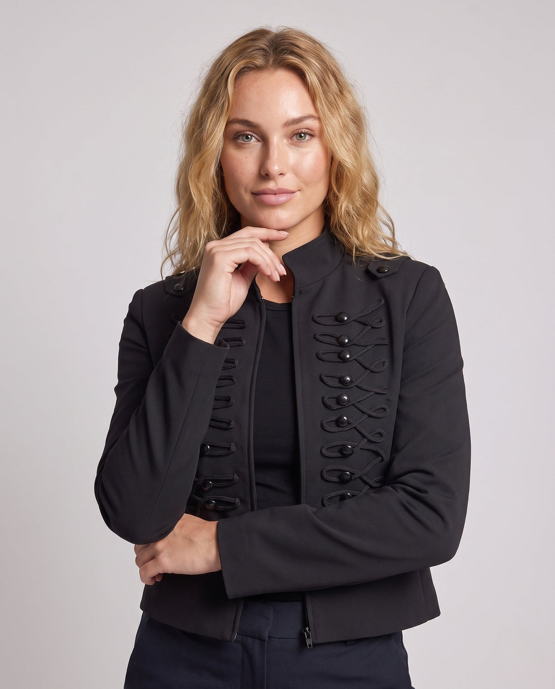 Women Cropped Military Jacket in Hussar Style with Decorative Cords