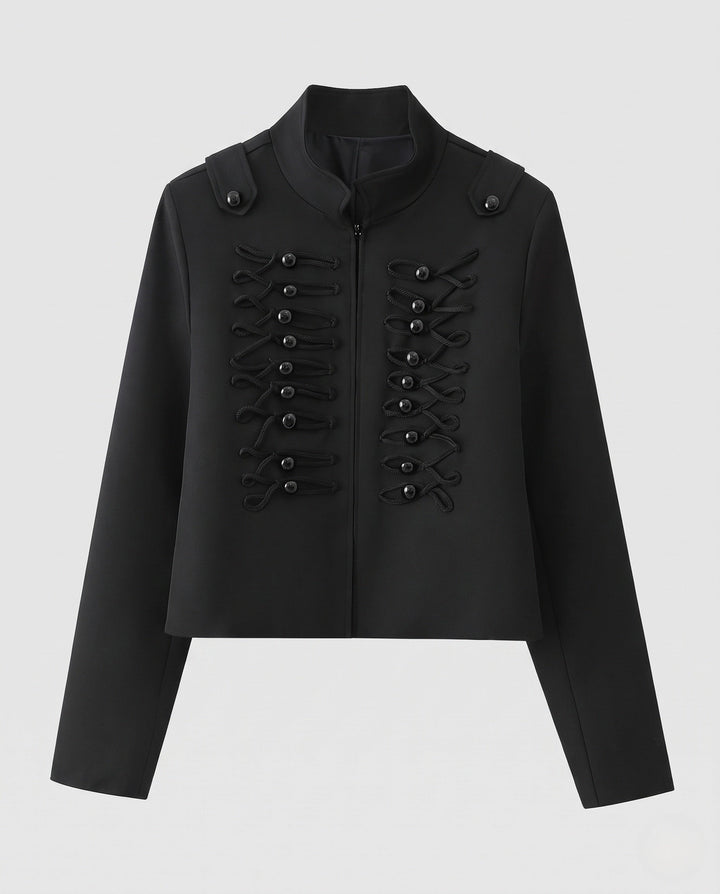 Women Cropped Military Jacket in Hussar Style with Decorative Cords