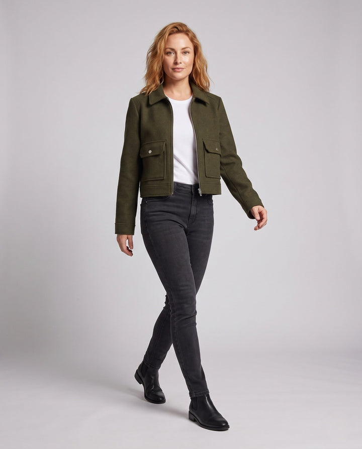 Women Short Wool Blend Cropped Jacket with Zip and Patch Pockets