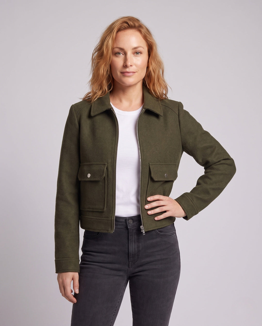 Women Short Wool Blend Cropped Jacket with Zip and Patch Pockets