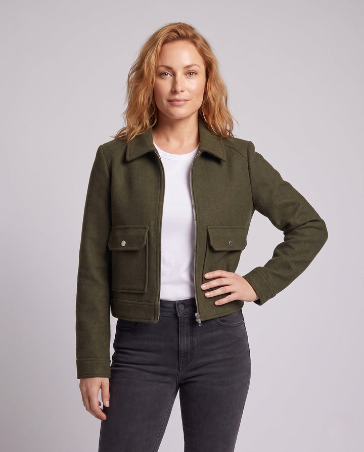 Women Short Wool Blend Cropped Jacket with Zip and Patch Pockets