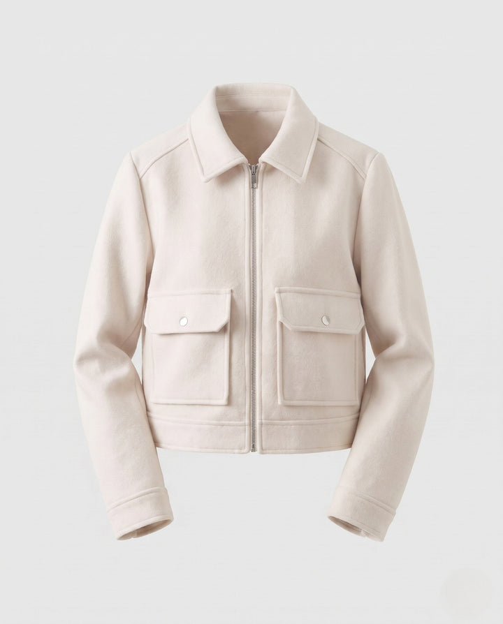 Women Short Wool Blend Cropped Jacket with Zip and Patch Pockets