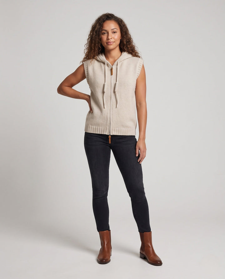 Ladies Sleeveless Hooded Knit Vest with Full Zip and Cashmere-like Softness