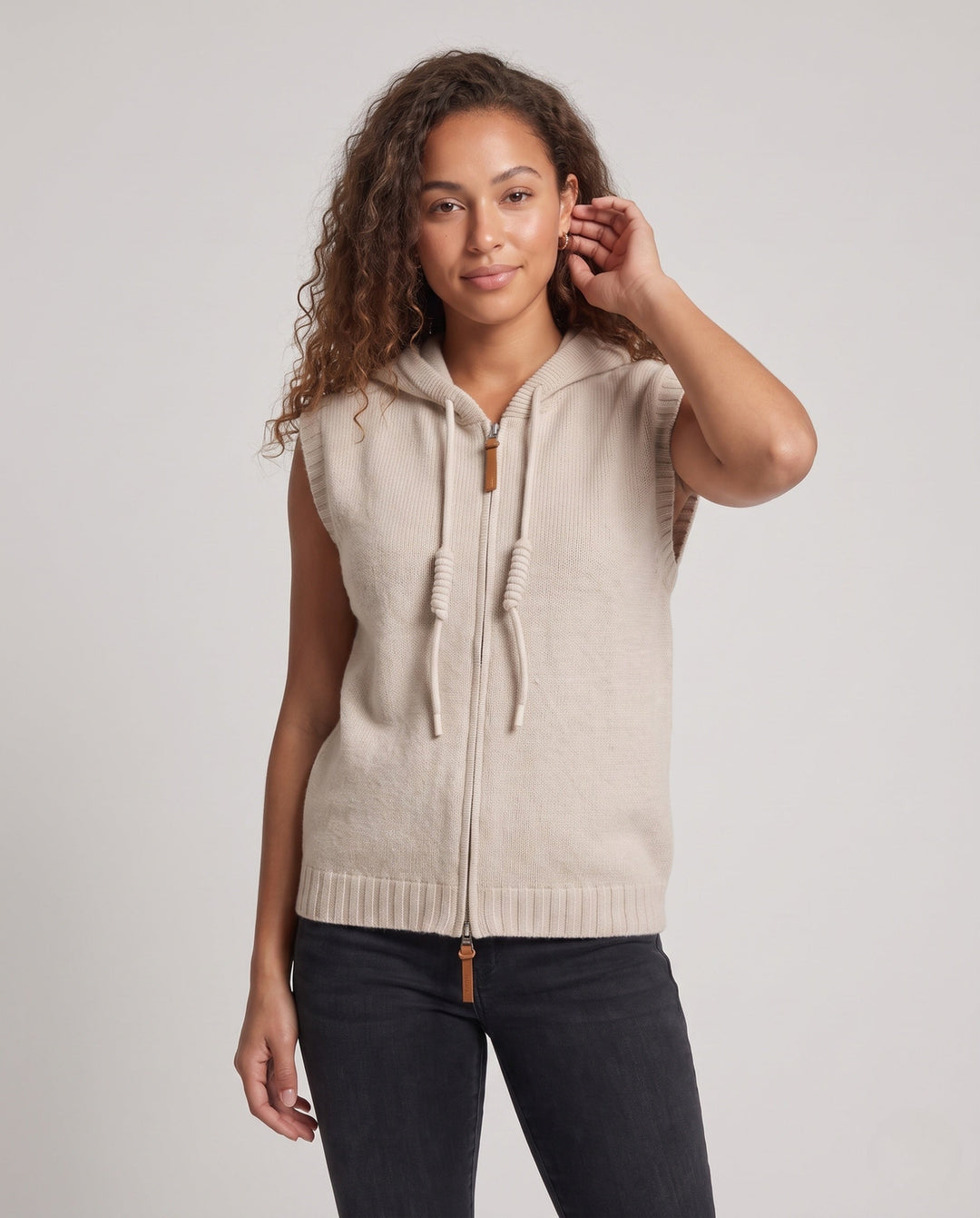 Ladies Sleeveless Hooded Knit Vest with Full Zip and Cashmere-like Softness