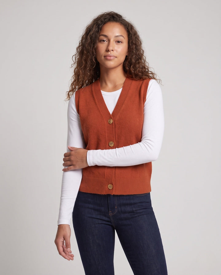 Women Sleeveless Wool Blend Knit Vest with V-Neck and Button Placket