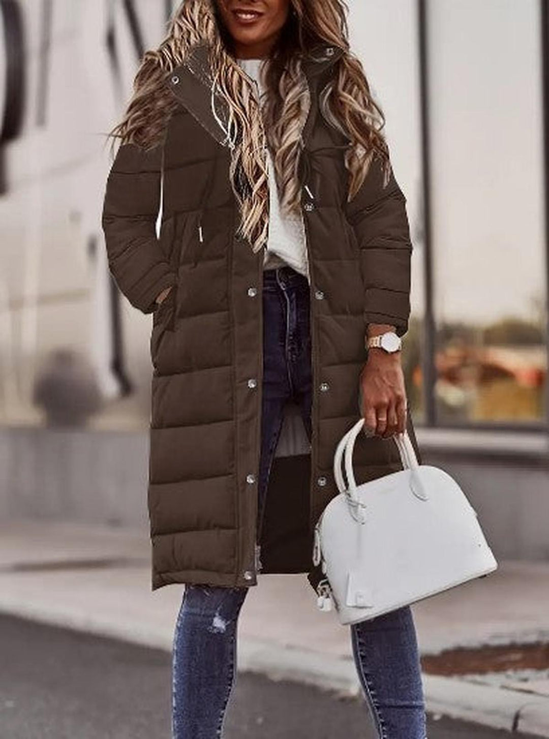 Quilted hooded long jacket winter for women