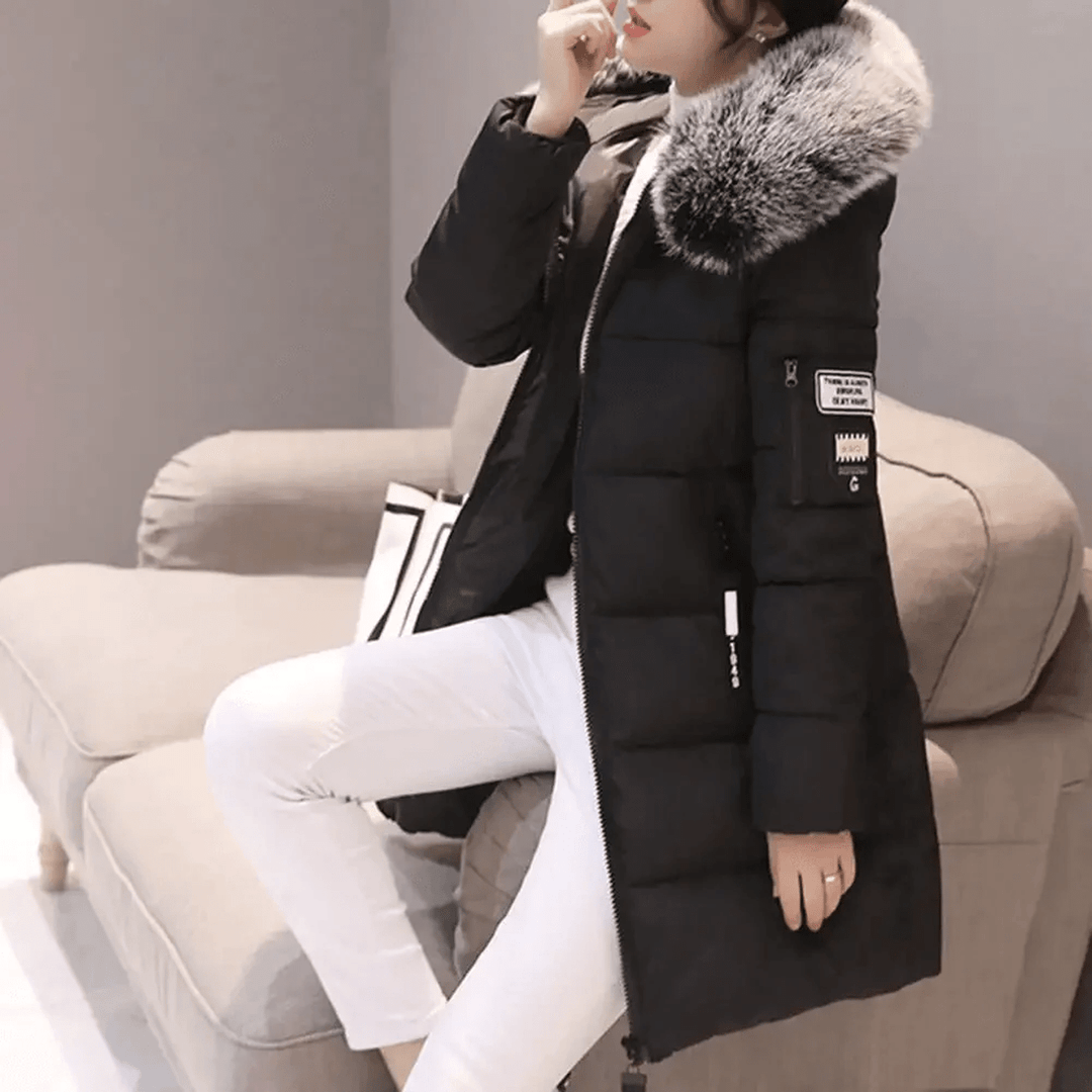 Patched oversized coat down with faux fur hood