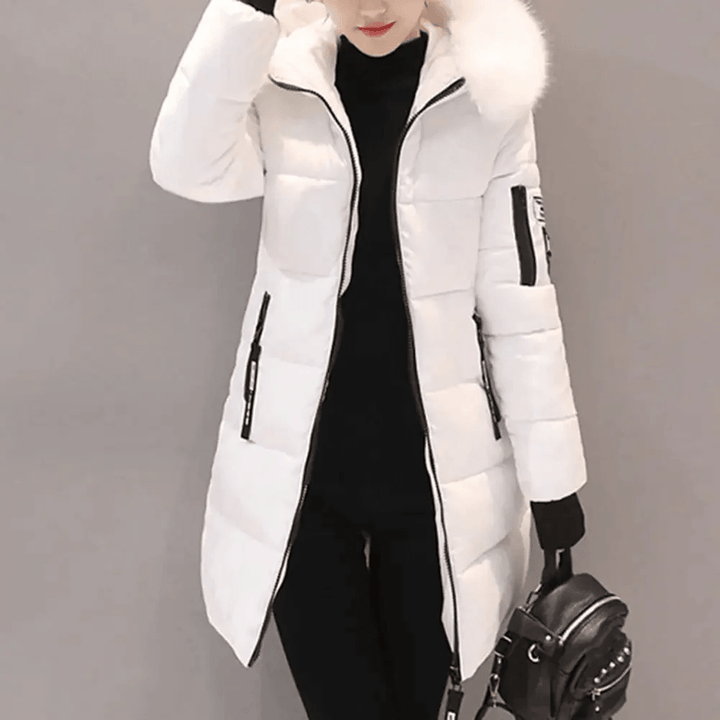Patched oversized coat down with faux fur hood