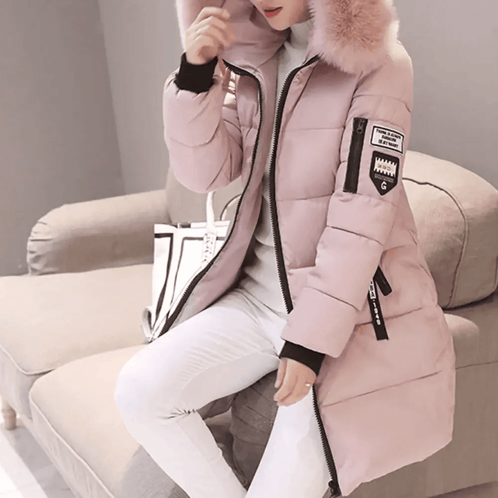Patched oversized coat down with faux fur hood