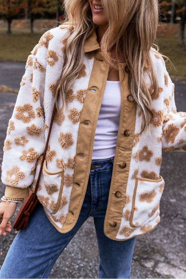 French Beige Sweet Floral pattern placket button jacket fleece