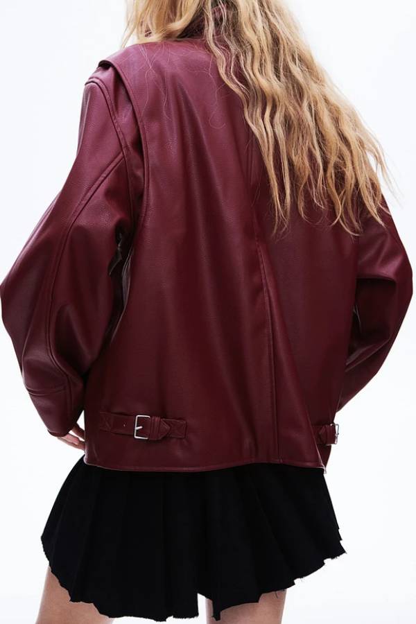 Revers long sleeve pocket zip leather jacket