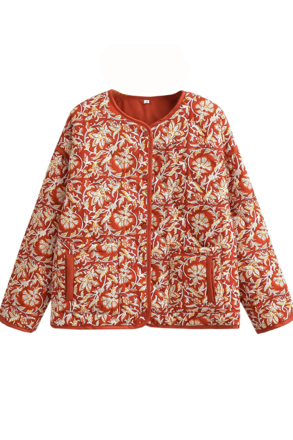 Neck Floral Prwt Loose quilted cotton jacket