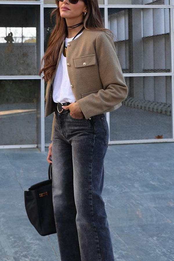 Neck smooth color Swgle-Breasted jacket