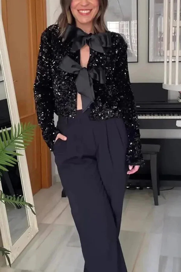 Options to Celebrate, Tie front Bow Sequw jacket