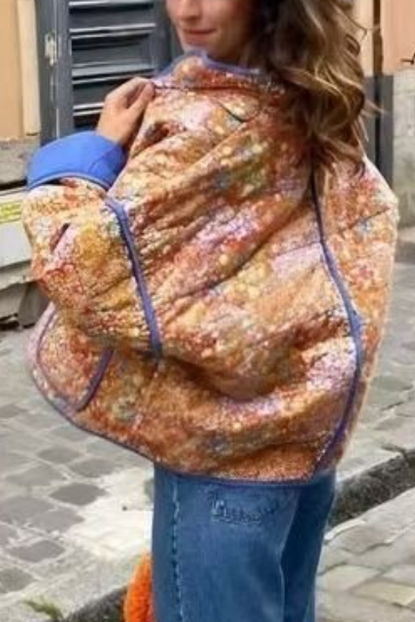 Colorblock Large Bag collar quilted jacket with cotton