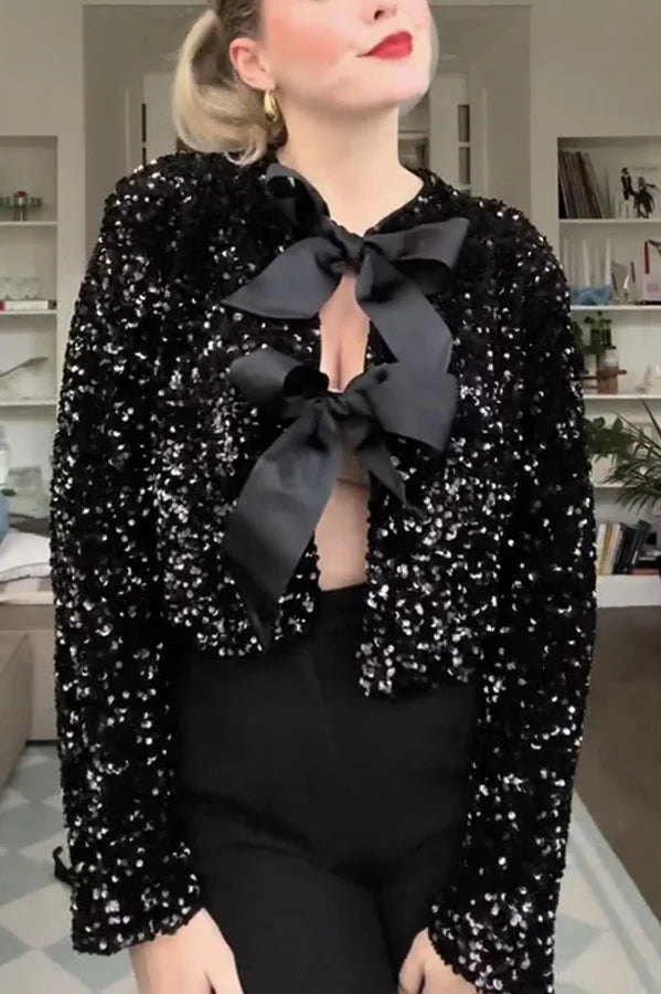 Options to Celebrate, Tie front Bow Sequw jacket