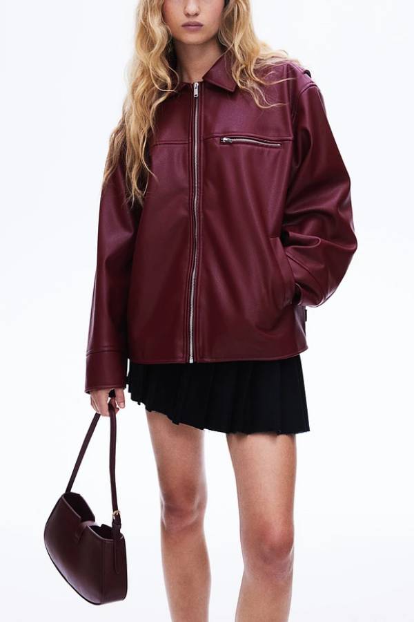 Revers long sleeve pocket zip leather jacket