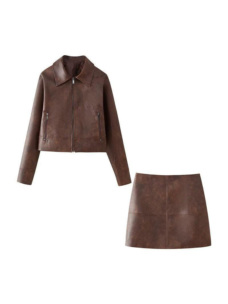 Leather jacket &amp; short Skirt Coordwation Set