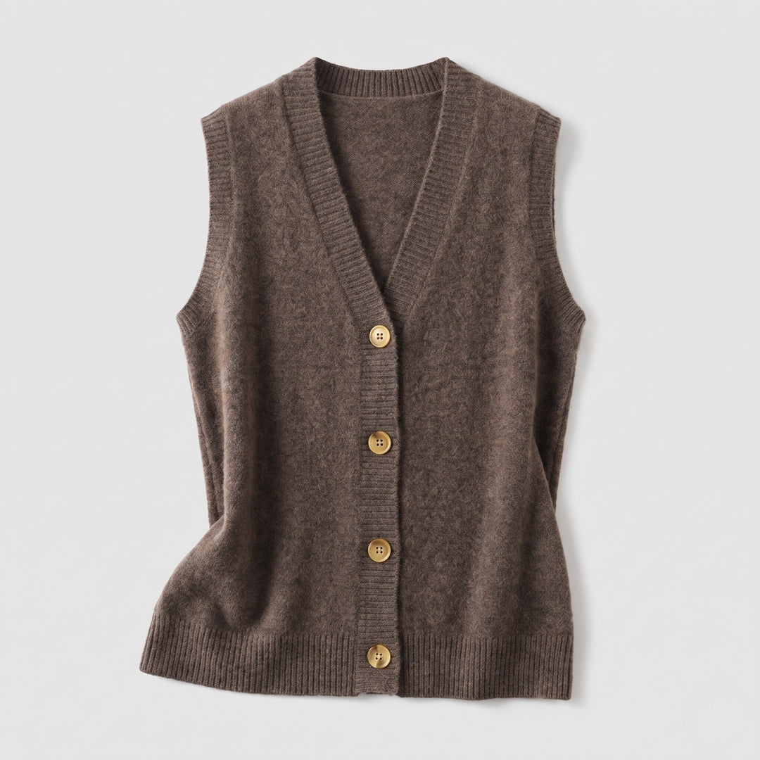 Women Sleeveless Wool Blend Knit Vest with V-Neck and Button Placket